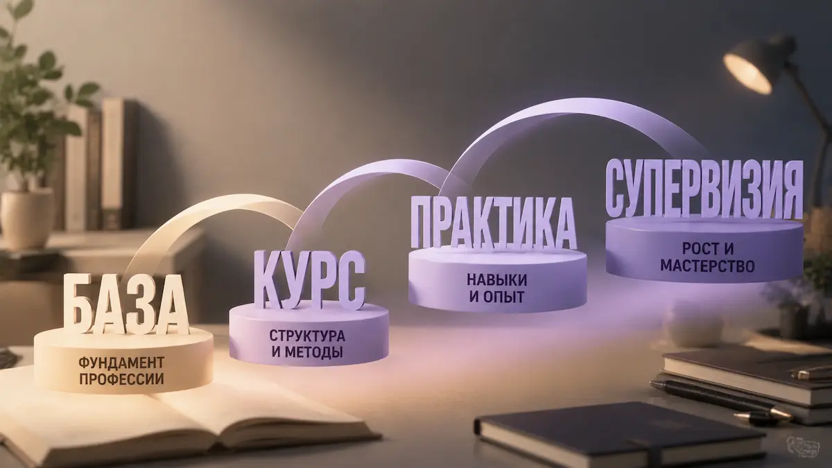 Схема пути в профессию: база, курс, практика, супервизия