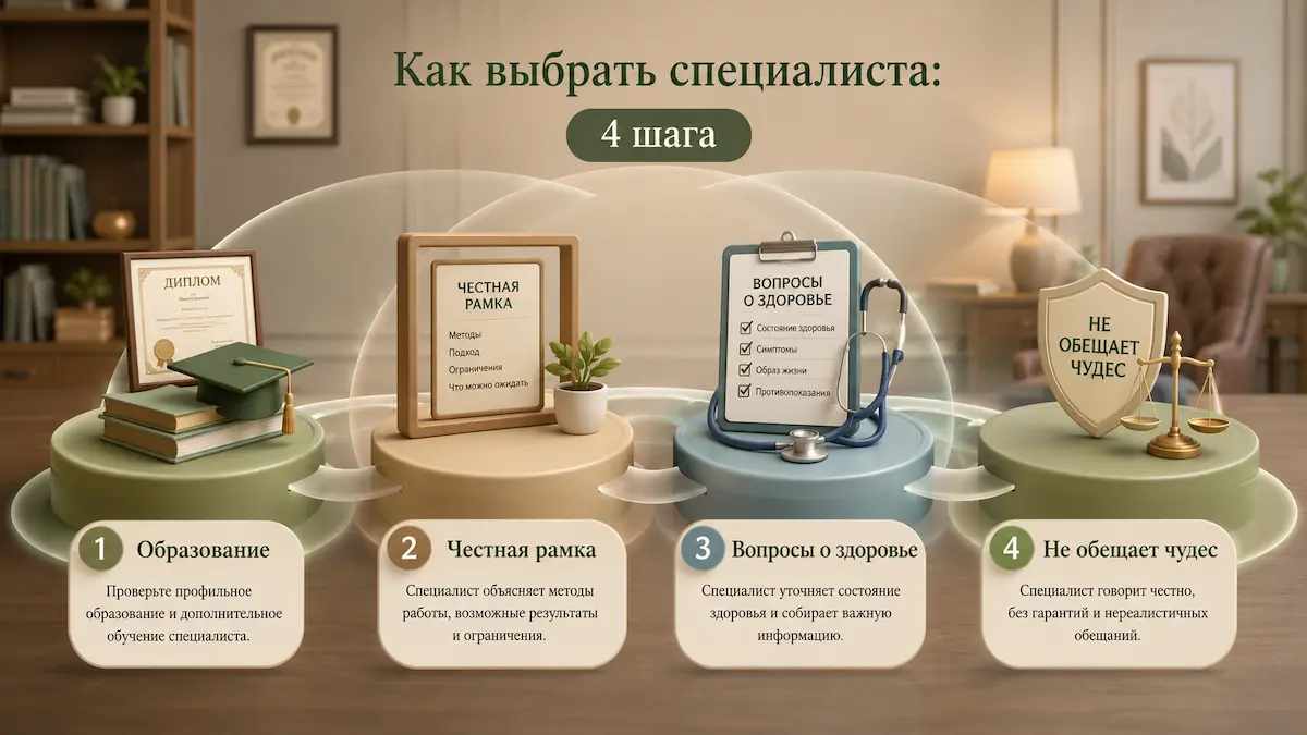 Схема: как выбрать специалиста по регрессивному гипнозу за 4 шага