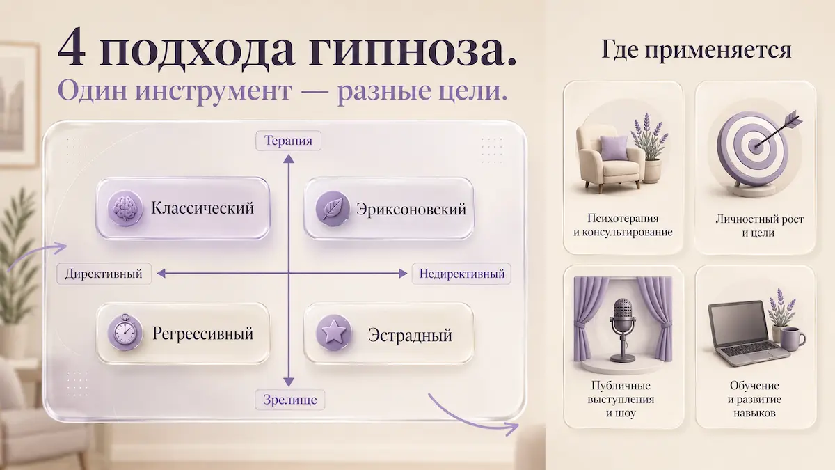 Инфографика: виды гипноза по двум осям — директивность и цель