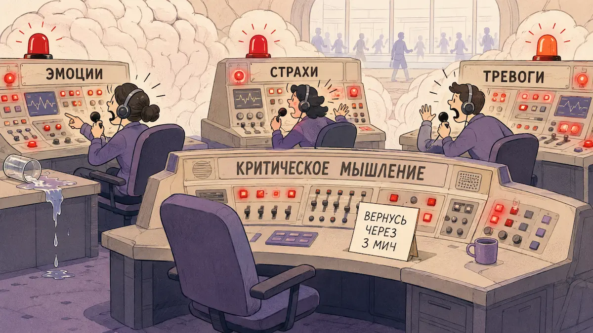 Диспетчерская мозга: три оператора кричат одновременно, а за пультом критического мышления пустой стул с табличкой