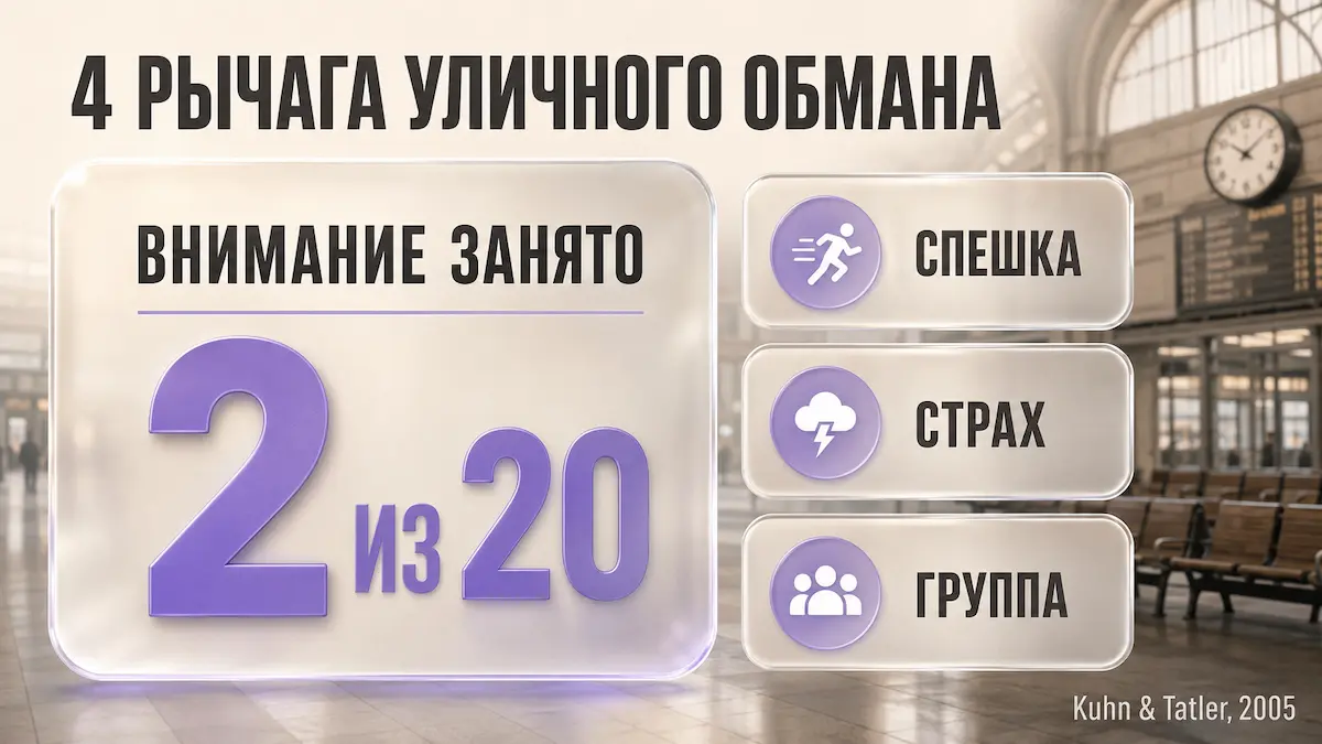 Инфографика: четыре рычага уличного обмана — занятое внимание, спешка, страх и работа в группе