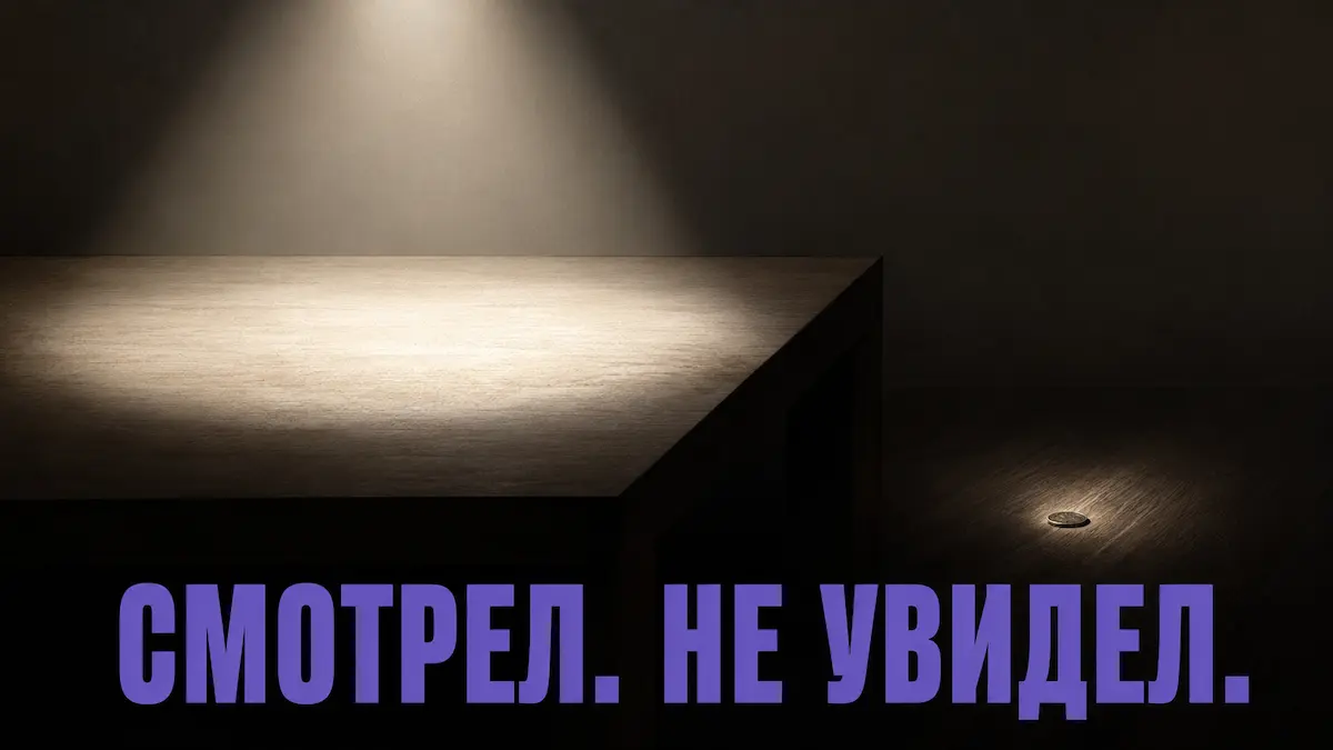 Узкий луч света в тёмной комнате освещает одну точку, монета падает рядом в тени — метафора невнимательности при цыганском гипнозе