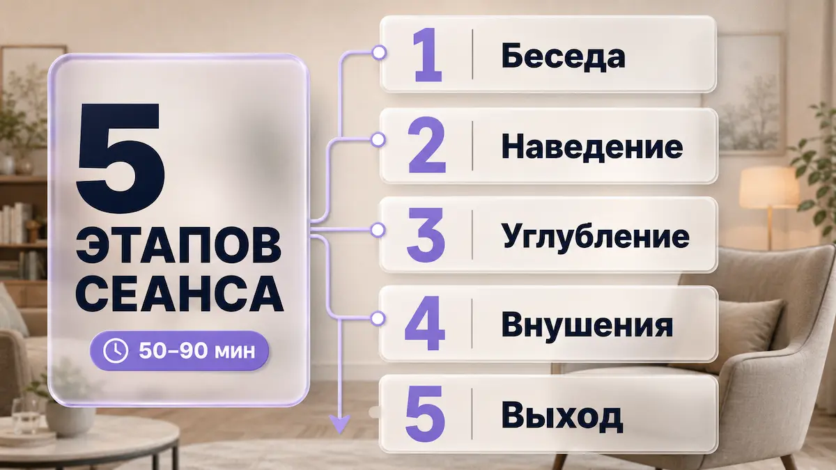Инфографика: 5 этапов сеанса гипноза и их длительность
