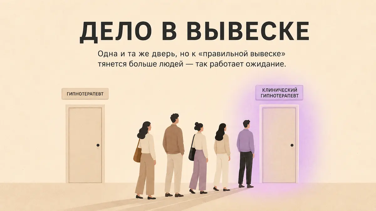 Метафора выбора гипнотерапевта: две одинаковые двери с разными вывесками