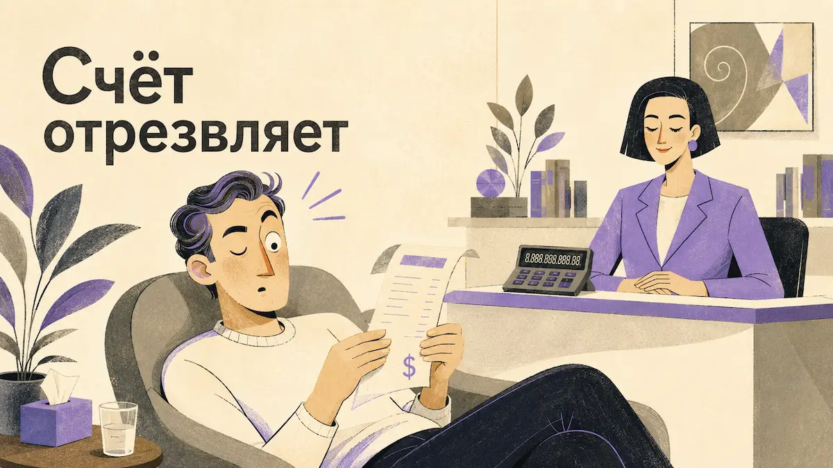 Пациент в кресле удивлённо разглядывает счёт после сеанса
