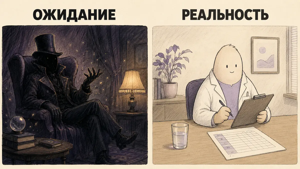 Юмористический рисунок: ожидание и реальность визита к гипнотерапевту