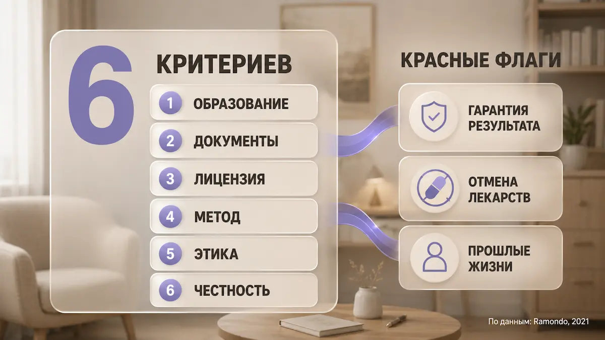 Инфографика: критерии выбора гипнотерапевта и красные флаги