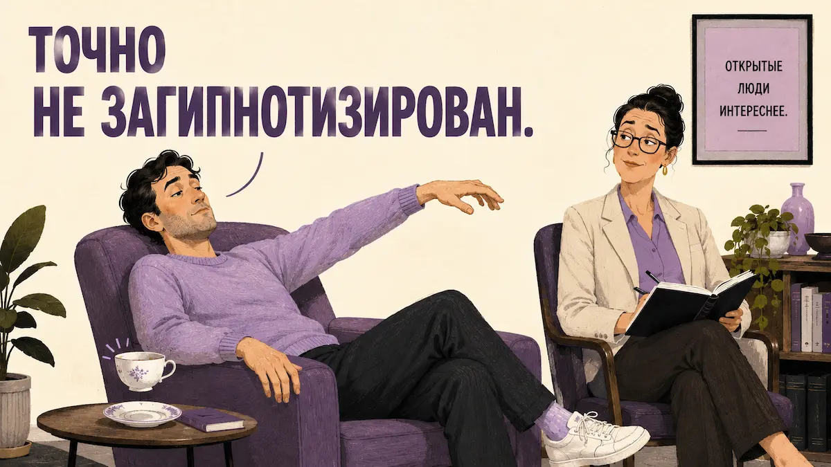 Человек в лёгком трансе с зависшей в воздухе рукой отрицает, что он под гипнозом