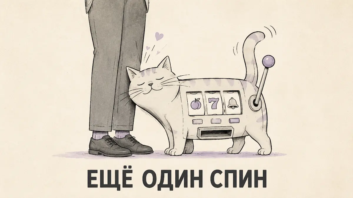 Игровой автомат в виде обаятельного кота трётся о ногу человека и мурлычет