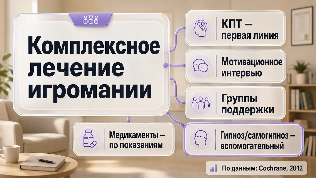 Схема места гипноза в комплексном лечении игромании: первая линия и вспомогательные методы