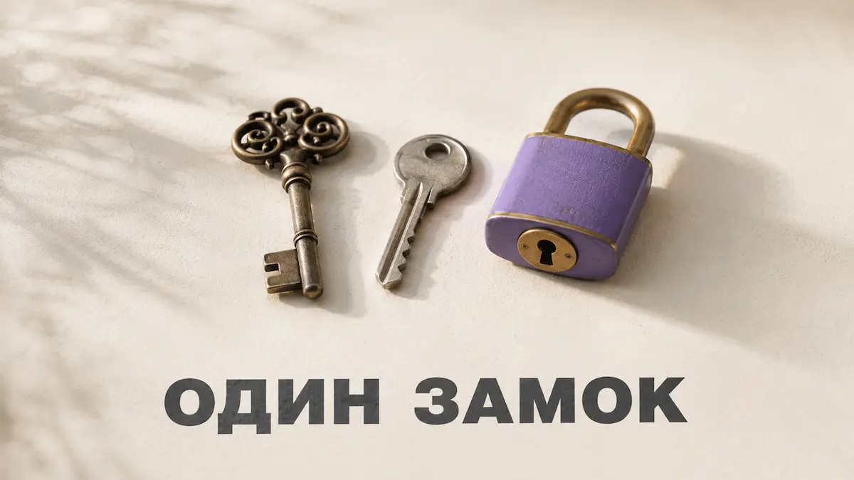 Два разных ключа — витой и простой — рядом с одним замком, метафора прямого и косвенного внушения