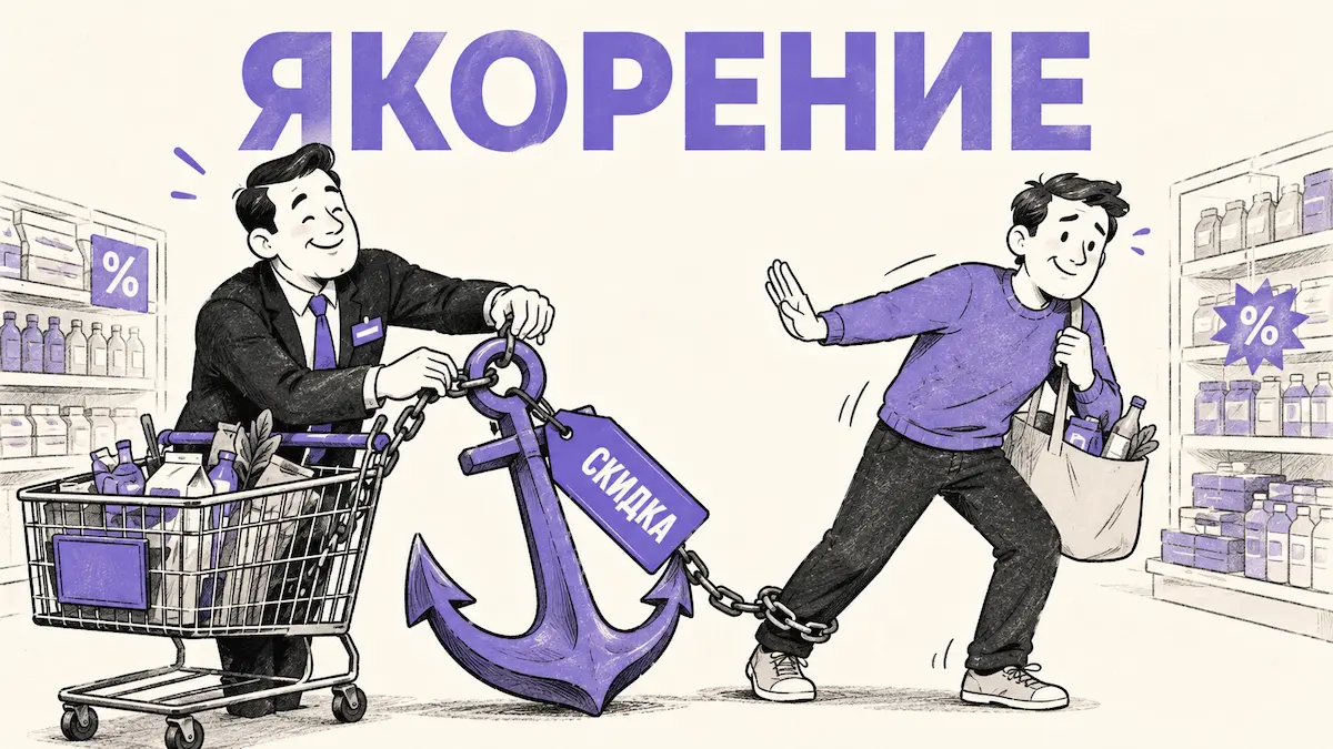 Шуточная иллюстрация: продавец прицепляет корабельный якорь к тележке покупателя