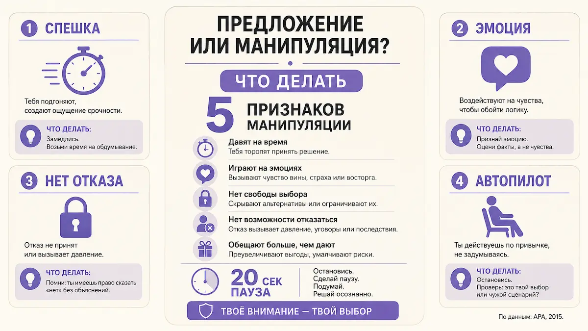 Инфографика: признак разговора, это внушение или манипуляция и что делать