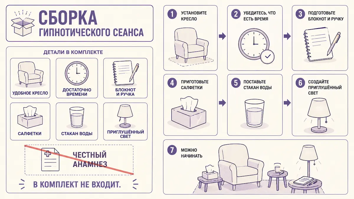Шуточная схема сборки сеанса гипноза, в которой отсутствует деталь «честный анамнез»