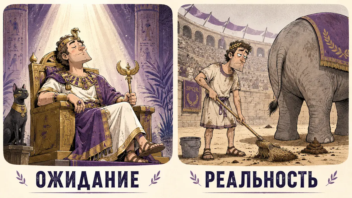 Юмористическая иллюстрация: ожидание и реальность прошлой жизни