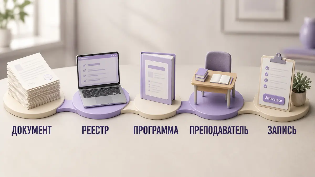 Схема-итог: маршрут выбора школы гипноза от проверки лицензии до записи на курс