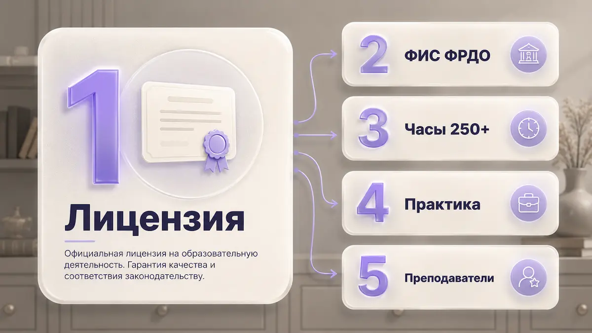 Инфографика: 5 шагов выбора школы гипноза — лицензия, ФИС ФРДО, часы, практика, преподаватели