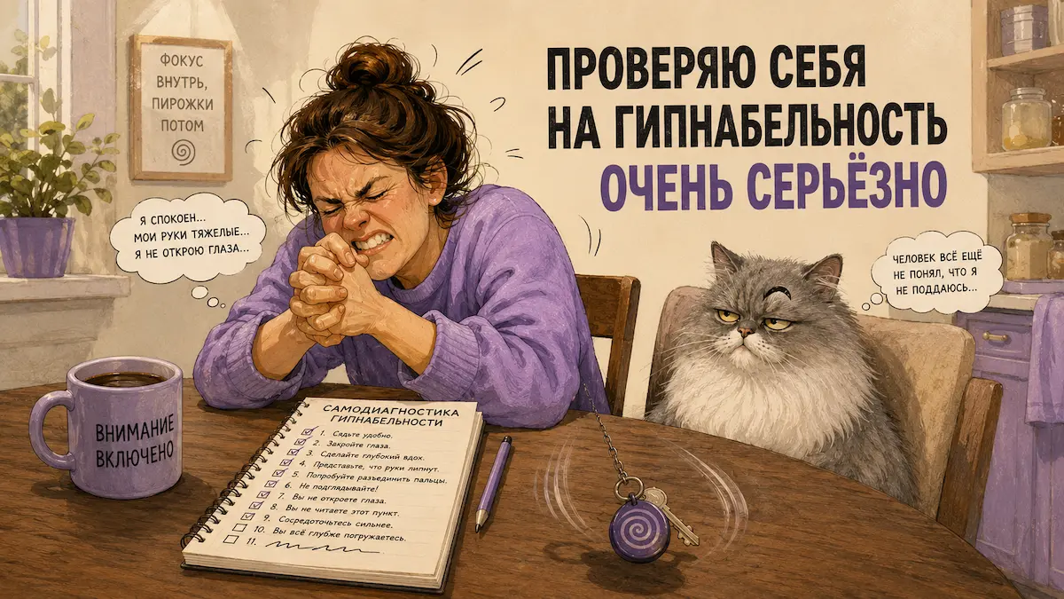 Человек дома проходит самодельный тест на гипнабельность под скептичным взглядом кота
