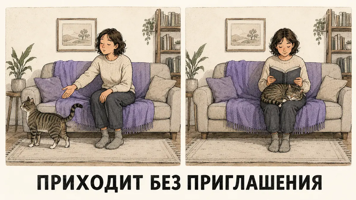 Кот игнорирует протянутую руку, но сам запрыгивает на колени, когда человек отвлёкся