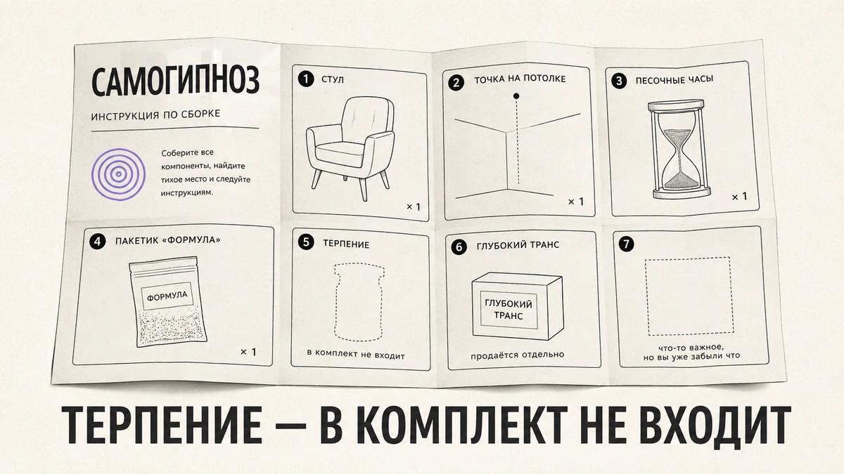 Шуточная инструкция по сборке в стиле мебельного каталога с деталью «терпение»