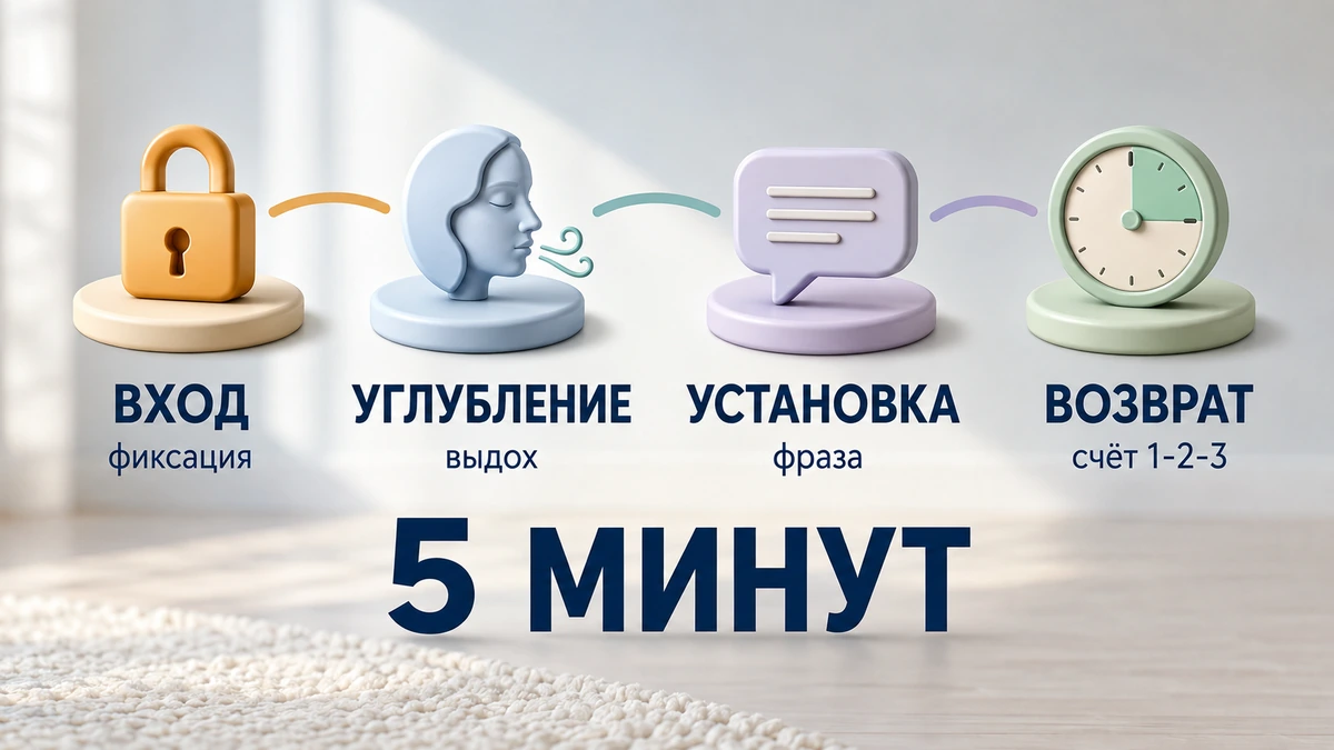 Итоговая схема практики самогипноза: вход, углубление, установка, выход