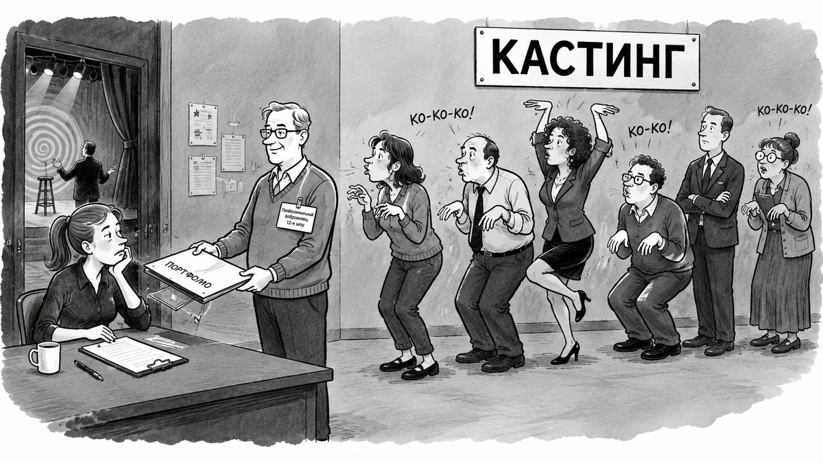 Кастинг добровольцев Юмористическая иллюстрация: очередь бодрых добровольцев за кулисами у таблички кастинга