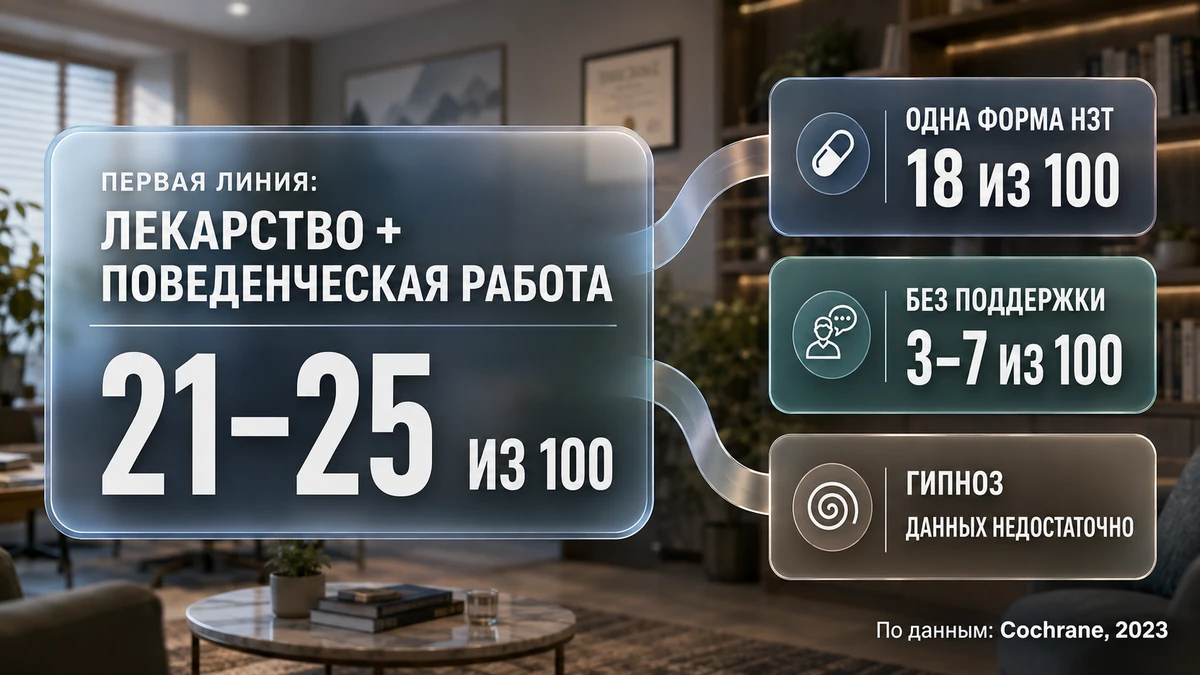 Инфографика: что повышает шанс бросить курить — лекарства, поведенческая поддержка, вспомогательные методы