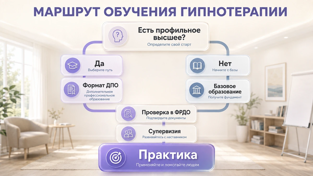 Схема маршрута обучения гипнотерапии от базового образования до практики