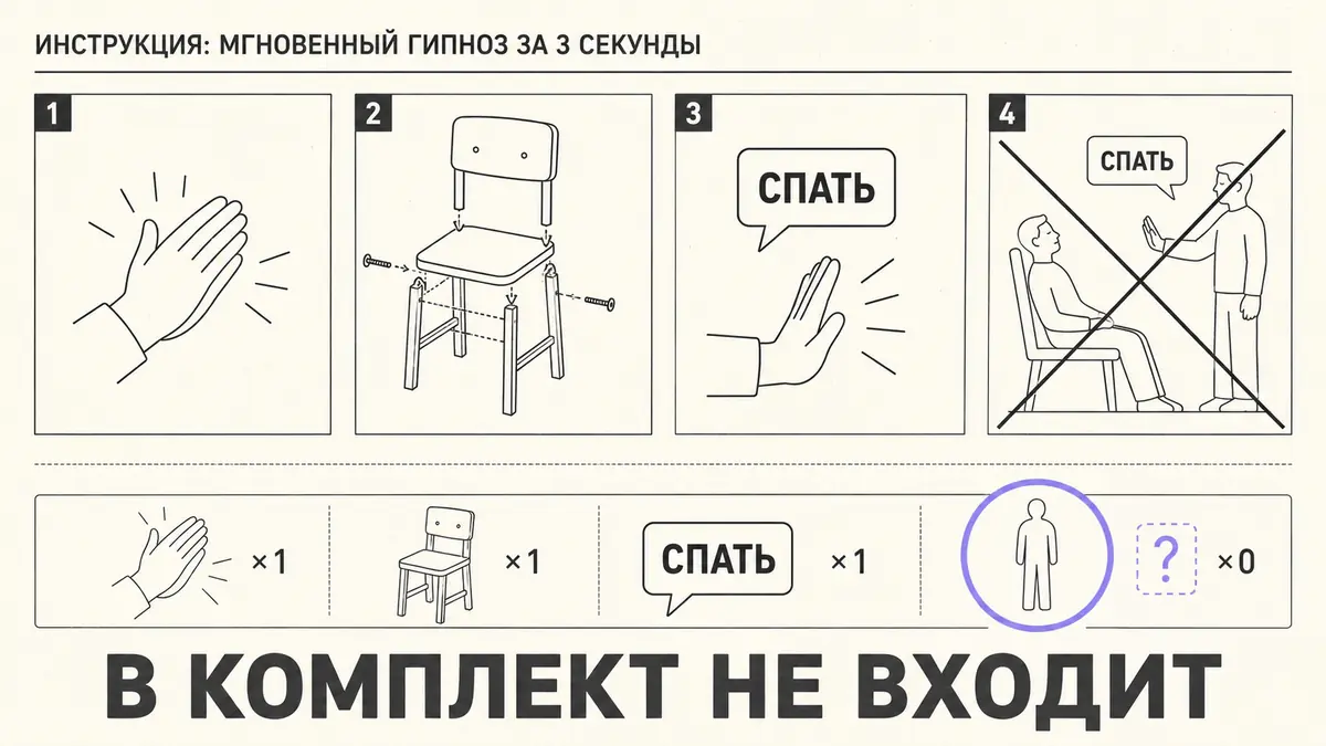 Шуточная инструкция по сборке в стиле мебельного руководства с недостающей деталью