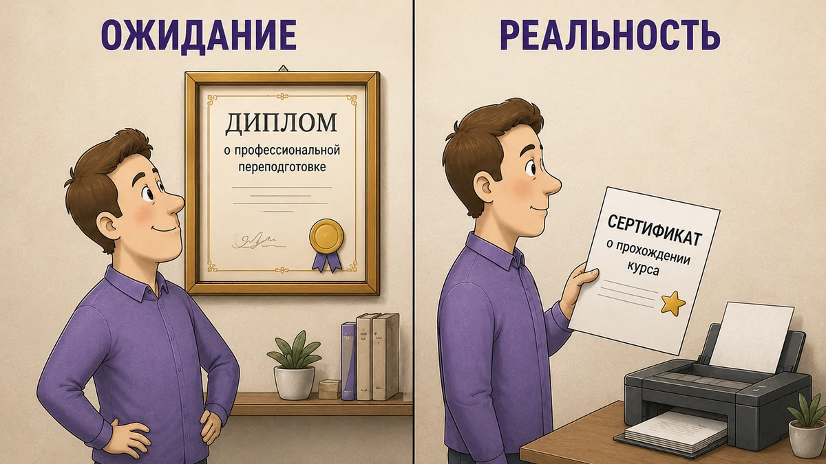 Двухкадровая иллюстрация: ожидание солидного диплома и реальность в виде распечатанного сертификата со звёздочкой