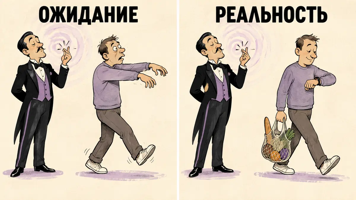 Шутливая иллюстрация: ожидание и реальность щелчка пальцев гипнотизёра
