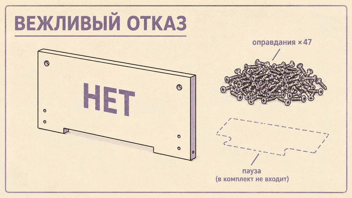 Шуточная схема сборки вежливого отказа в стиле мебельной инструкции