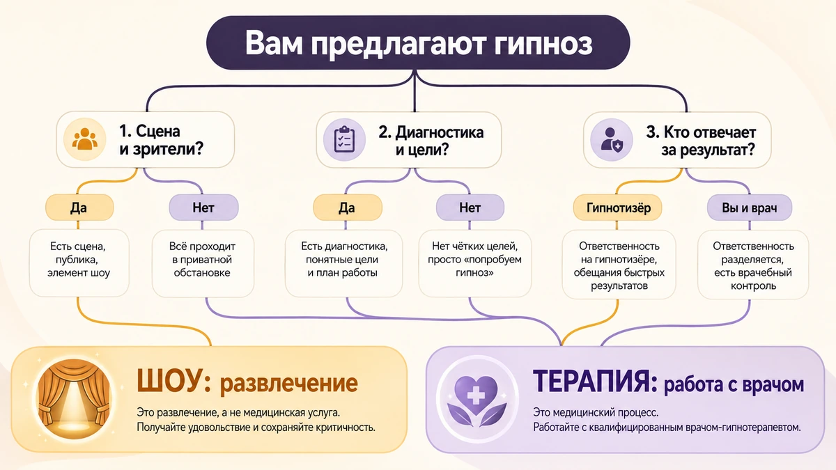 Шоу или терапия Схема-алгоритм: по каким признакам отличить развлекательное шоу от лечебной гипнотерапии