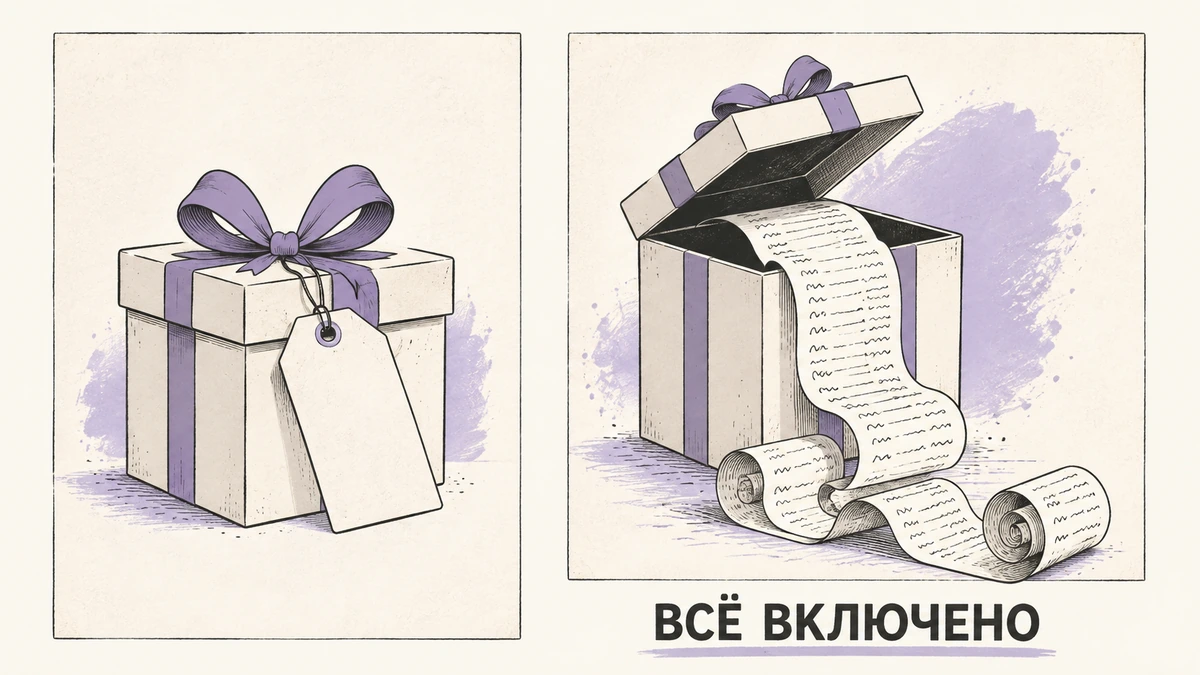 Иллюстрация: нарядная коробка и длинный чек, выпадающий из неё