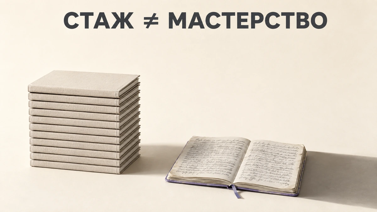 Стопка папок и открытая тетрадь с длинной тенью — метафора опыта и практики