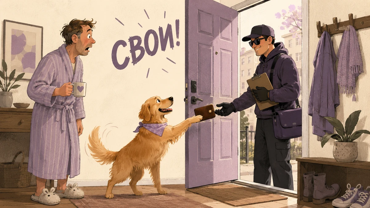 Собака несёт кошелёк незнакомцу у входной двери, хозяин в растерянности