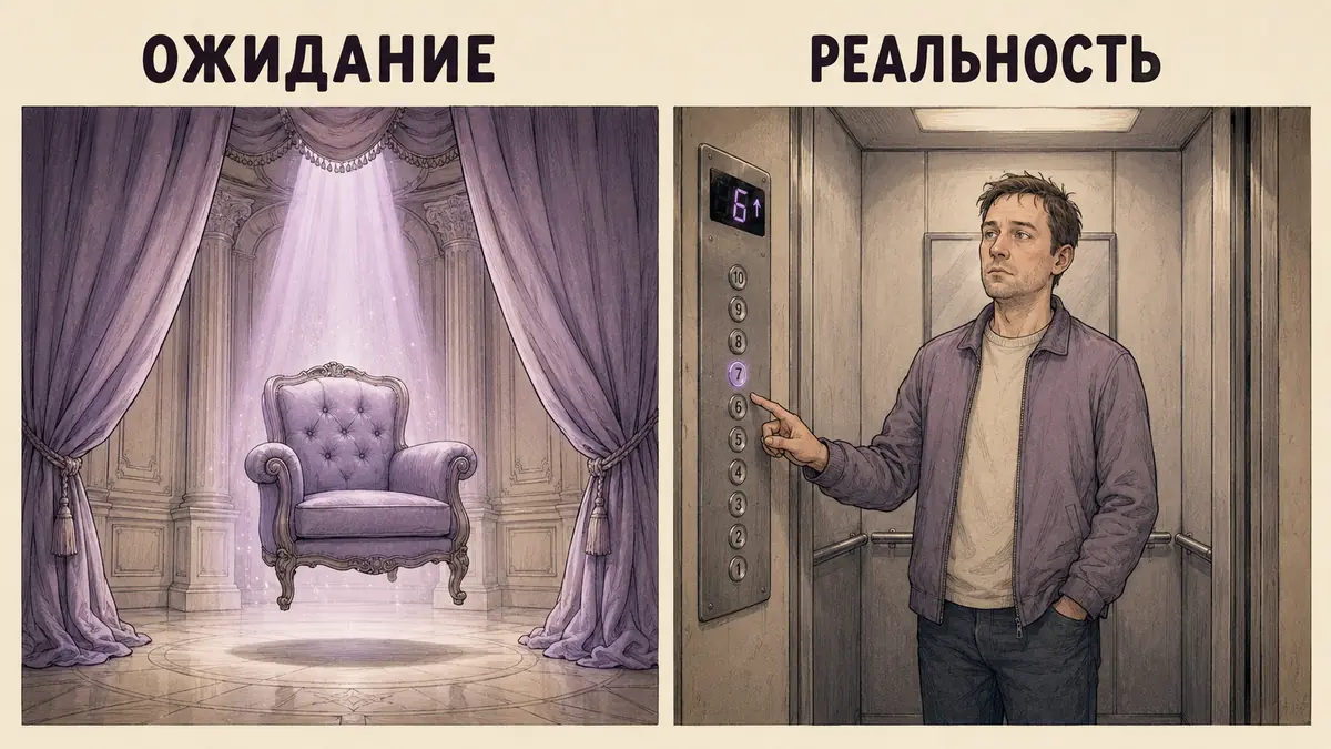 Иллюстрация в двух кадрах: воображаемый транс и реальное «залипание» в лифте