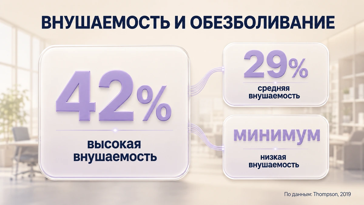Инфографика: снижение боли под гипнозом при высокой, средней и низкой внушаемости