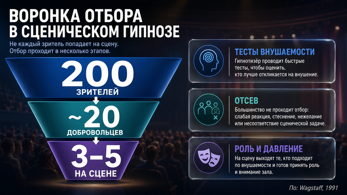 Воронка отбора на шоу Инфографика: воронка отбора добровольцев в эстрадном гипнозе — из 200 зрителей на сцене остаются 3–5 самых внушаемых