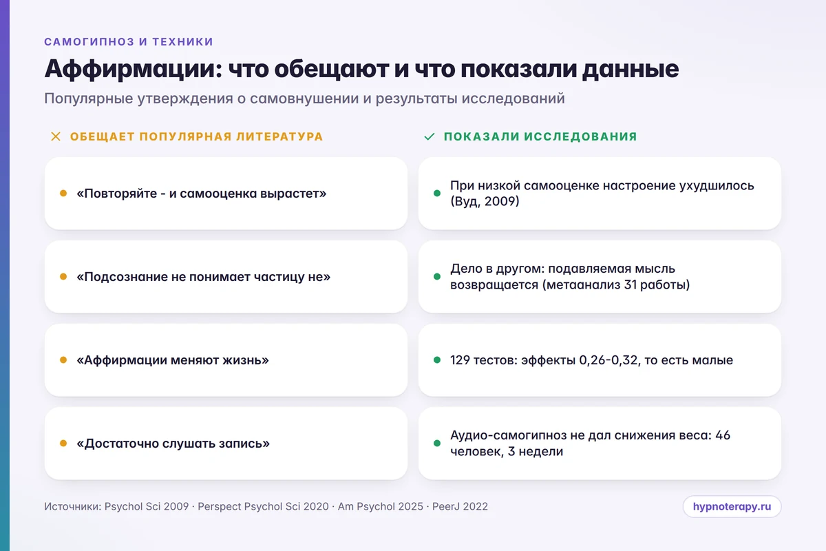 Сравнение обещаний популярных аффирмаций и результатов исследований