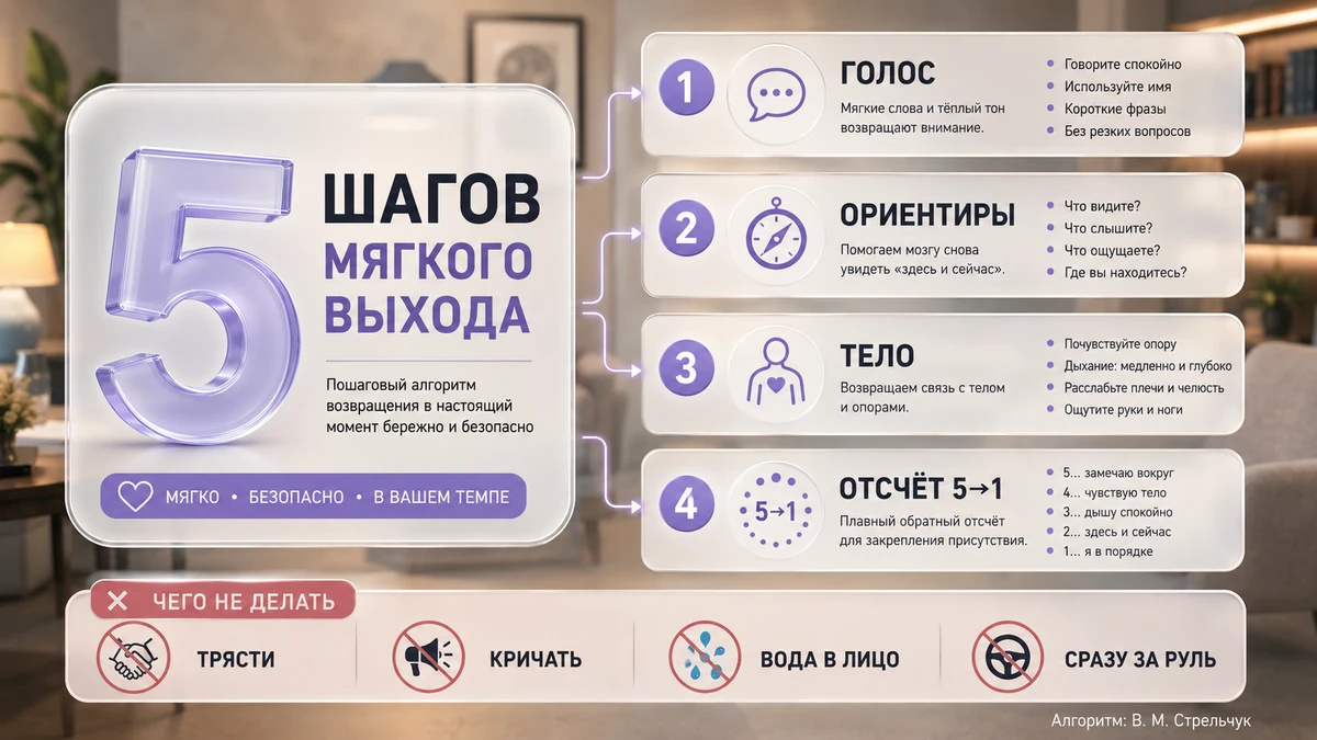 Инфографика: пять шагов мягкого выхода из транса и запрещённые действия