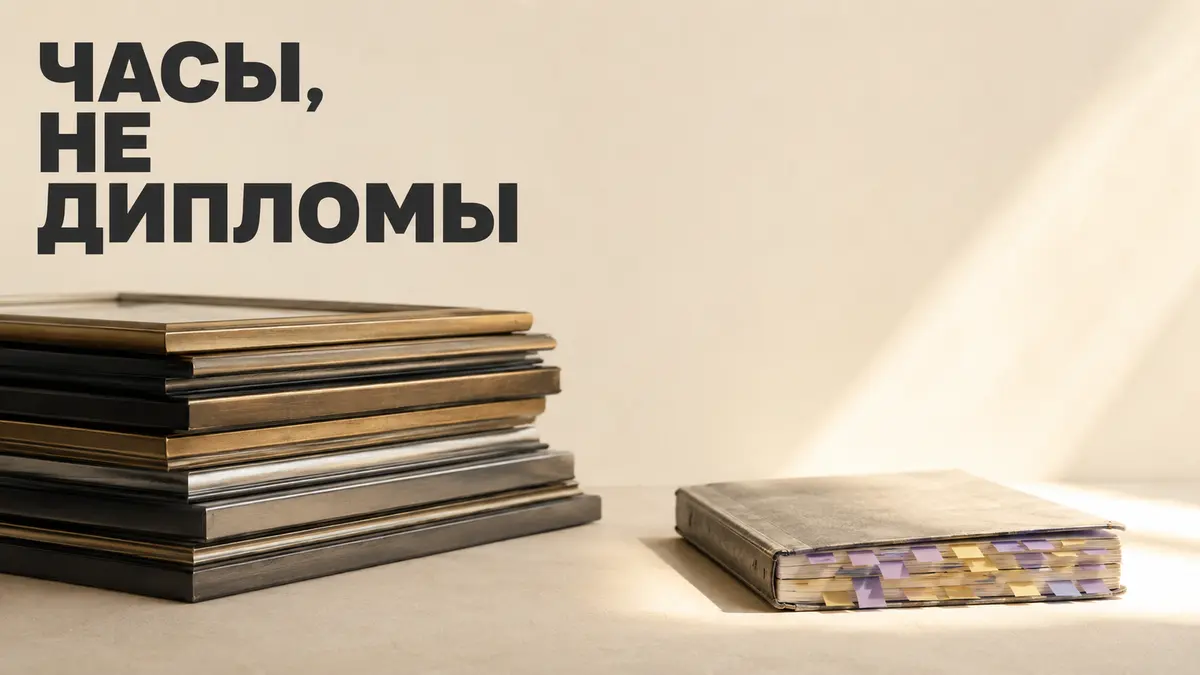 Стопка сертификатов в рамках рядом с тонкой тетрадью с закладками, свет падает на тетрадь