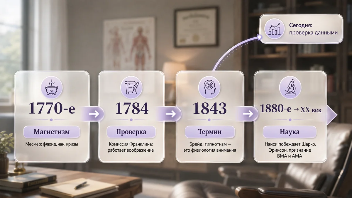 Инфографика: четыре этапа истории гипноза от животного магнетизма до нейровизуализации