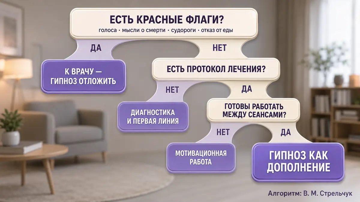 Дерево решений с развилками да и нет для выбора между гипнозом и другой помощью