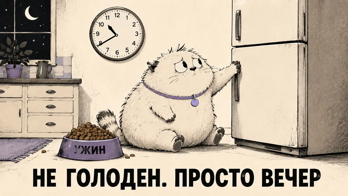 Ночная кухня: пушистое существо тянется к холодильнику, рядом стоит полная нетронутая миска