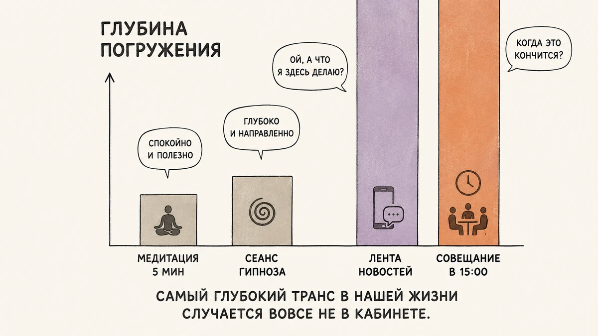 Шуточная столбчатая диаграмма: глубина погружения при медитации, гипнозе, листании ленты и на совещании