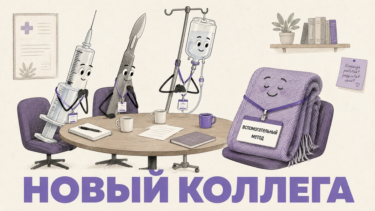 Шприц, скальпель и капельница сидят за столом планёрки напротив свёрнутого пледа с бейджем