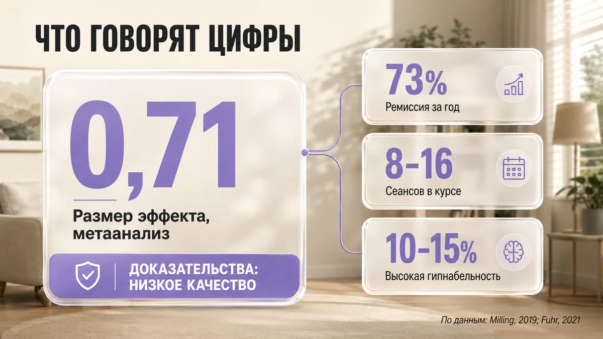 Инфографика: цифры исследований о гипнозе при депрессии — размер эффекта и доля ремиссий