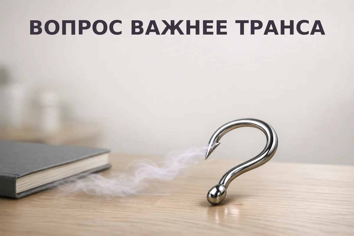 Крючок в форме вопросительного знака вытягивает клочок тумана - метафора риска наводящих вопросов при гипнозе и ПТСР