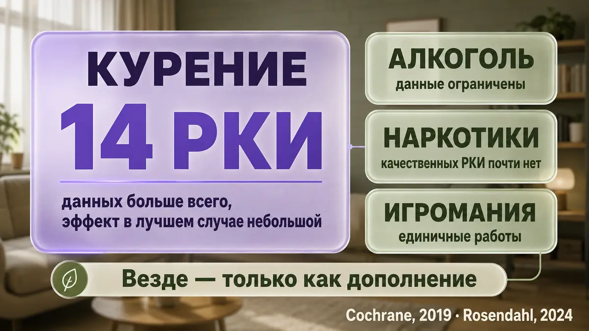 Инфографика: сравнение доказательной базы гипноза при разных зависимостях